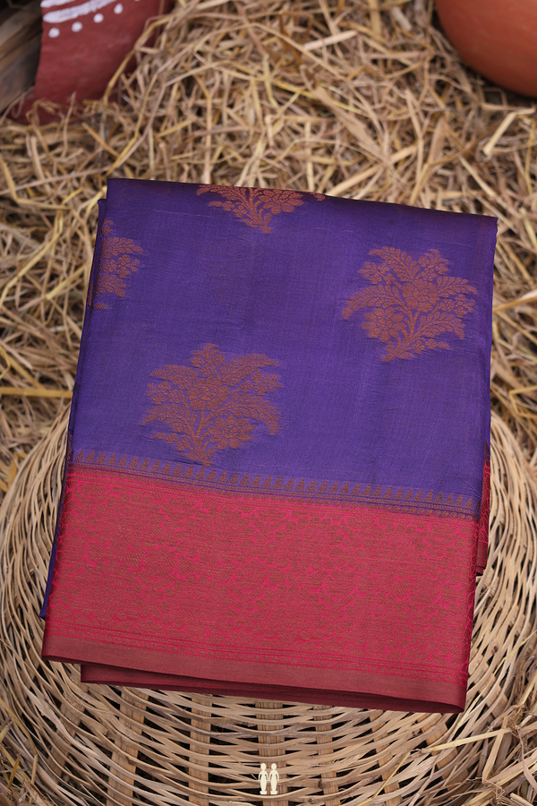 Raw Silk Saree In Royal Purple With Floral Motifs