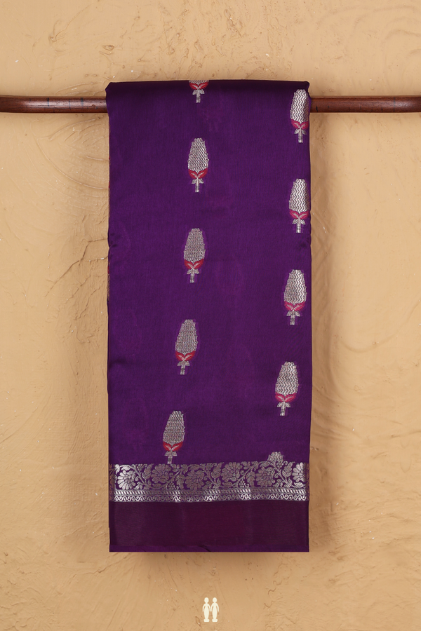 Raw Silk Saree In Royal Purple With Floral Motifs