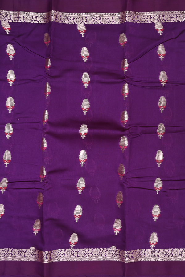Raw Silk Saree In Royal Purple With Floral Motifs
