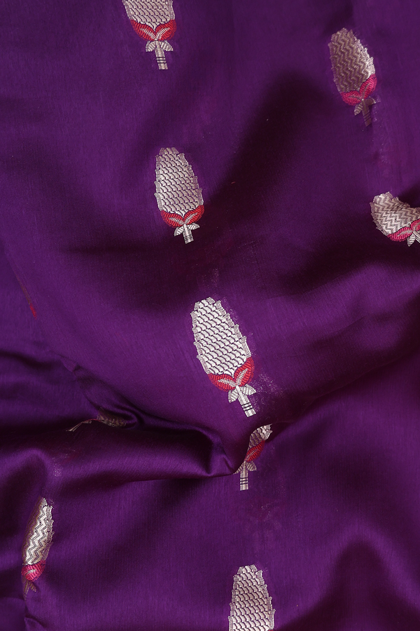 Raw Silk Saree In Royal Purple With Floral Motifs