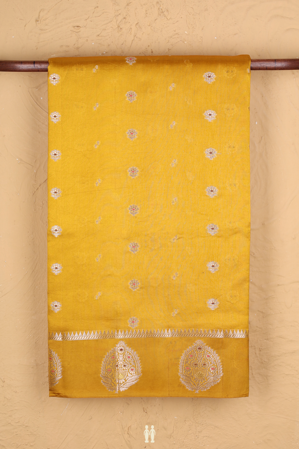 Raw Silk Saree In Mastard Yellow With Floral Buttas