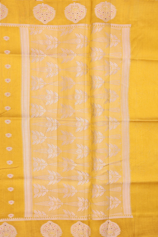 Raw Silk Saree In Mastard Yellow With Floral Buttas