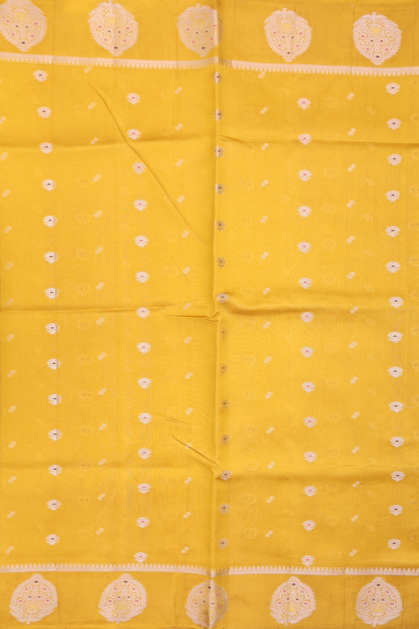 Raw Silk Saree In Mastard Yellow With Floral Buttas
