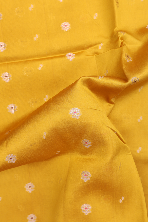 Raw Silk Saree In Mastard Yellow With Floral Buttas
