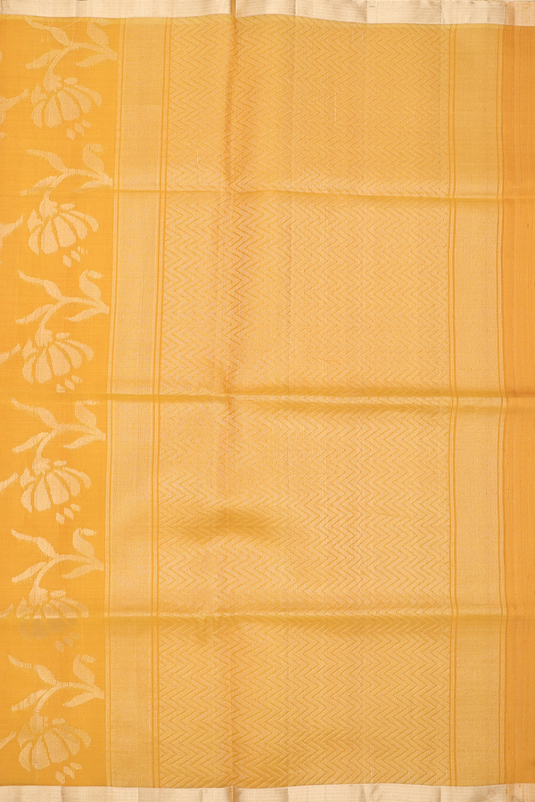 Raw Silk Saree In Saffron Yellow With Floral Design