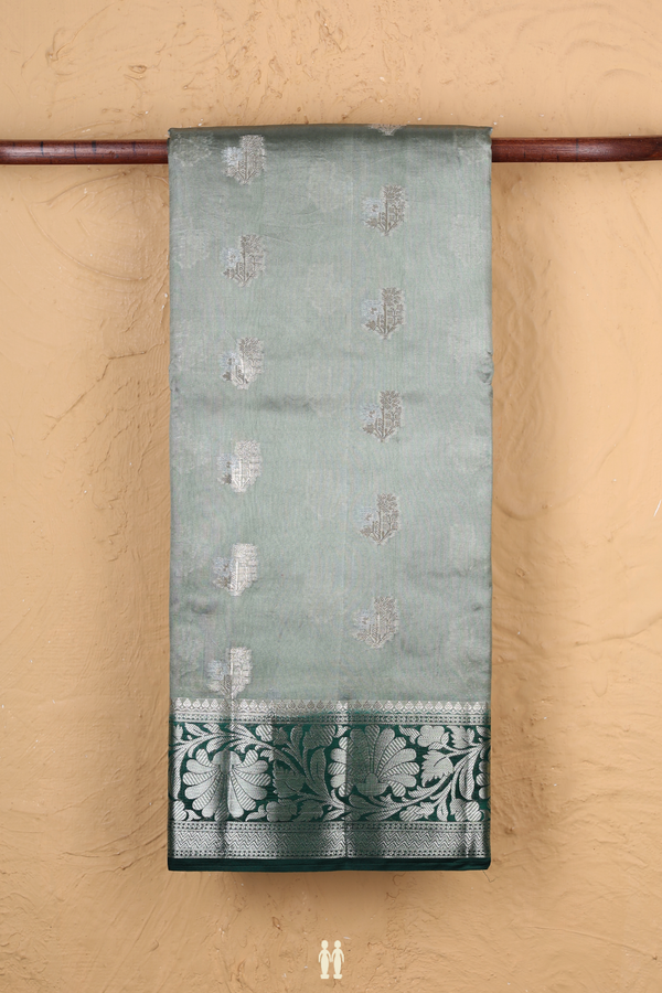 Raw Silk Saree In Sage Green With Floral Buttas