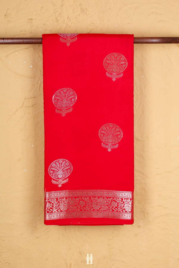 Raw Silk Saree In Scarlet Red With Floral Motifs