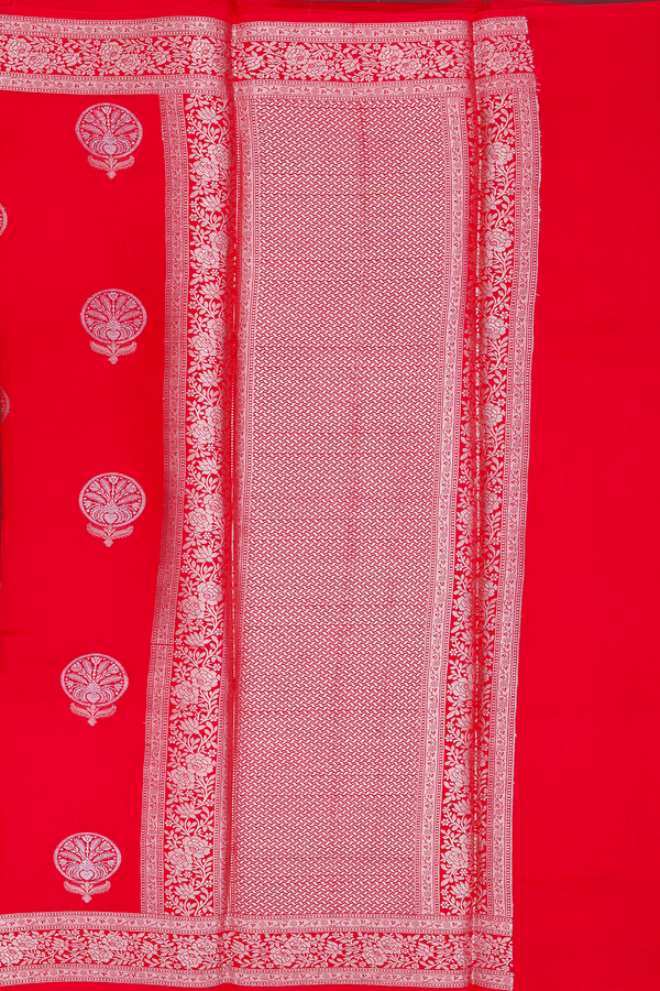 Raw Silk Saree In Scarlet Red With Floral Motifs