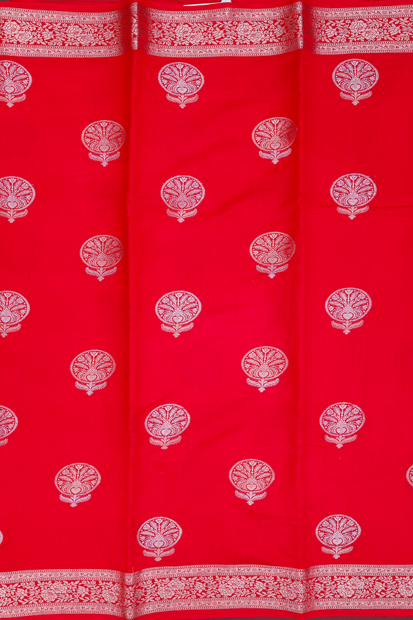 Raw Silk Saree In Scarlet Red With Floral Motifs