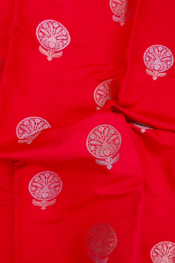 Raw Silk Saree In Scarlet Red With Floral Motifs