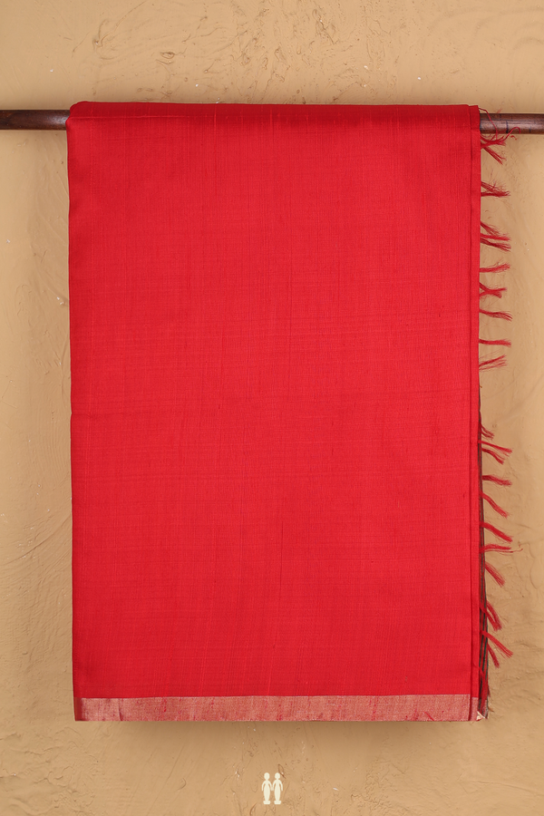 Raw Silk Saree In Plain Scarlet Red With Zari Border
