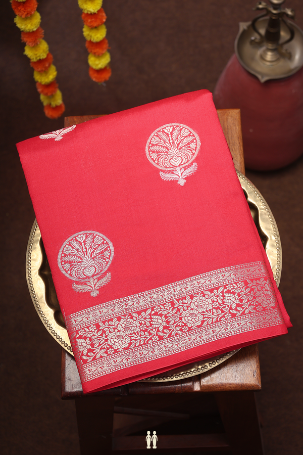 Raw Silk Saree In Scarlet Red With Zari Buttas