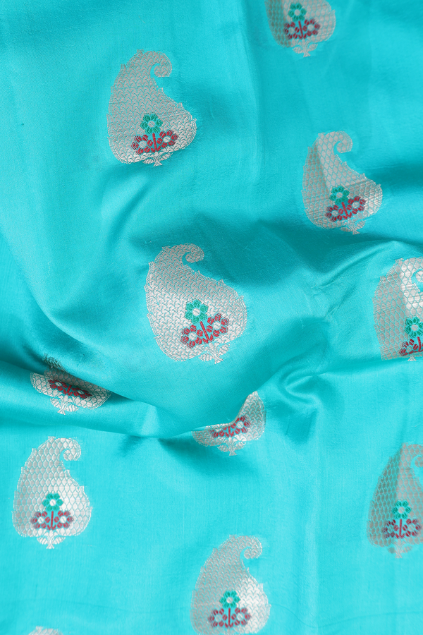 Raw Silk Saree In Sea Green With Paisley Motifs