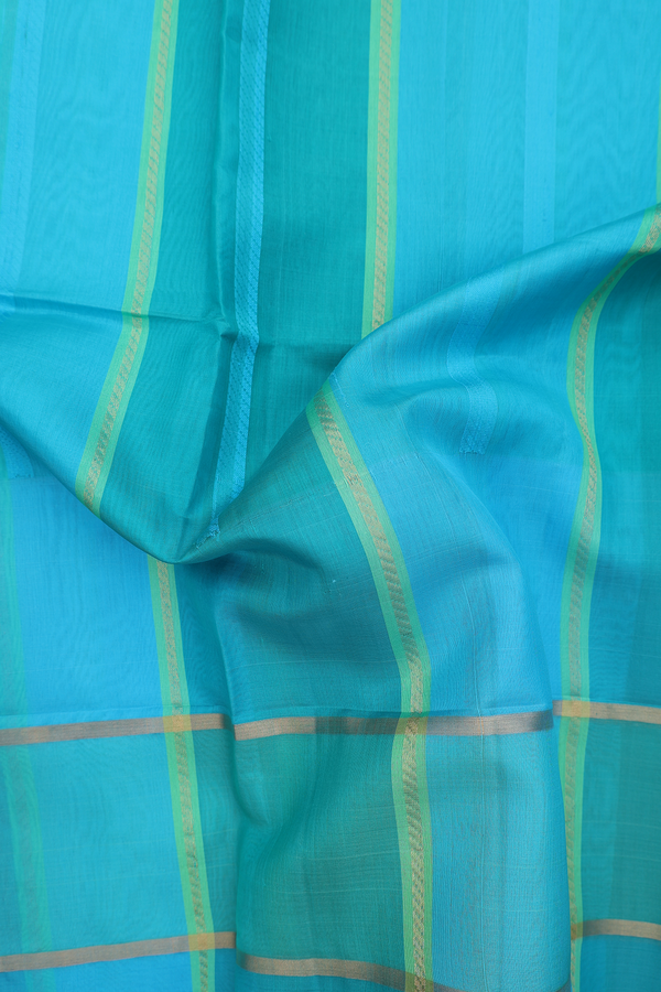 Raw Silk Saree In Shades Of Blue With Stripes Design