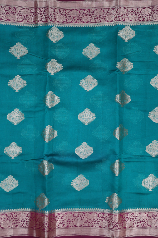 Raw Silk Saree In Teal Blue With Zari Motifs