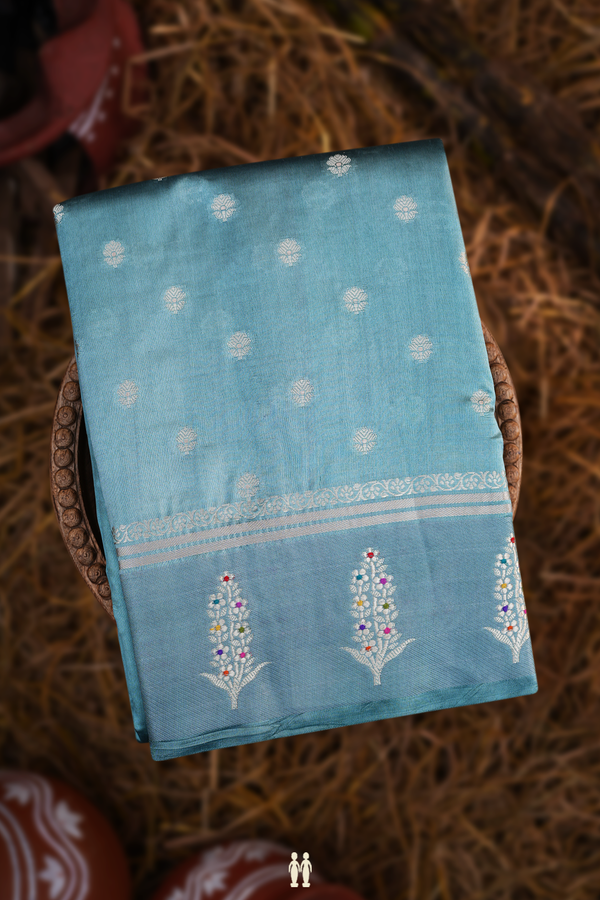 Raw Silk Saree In Turkish Blue With Floral Zari Buttas