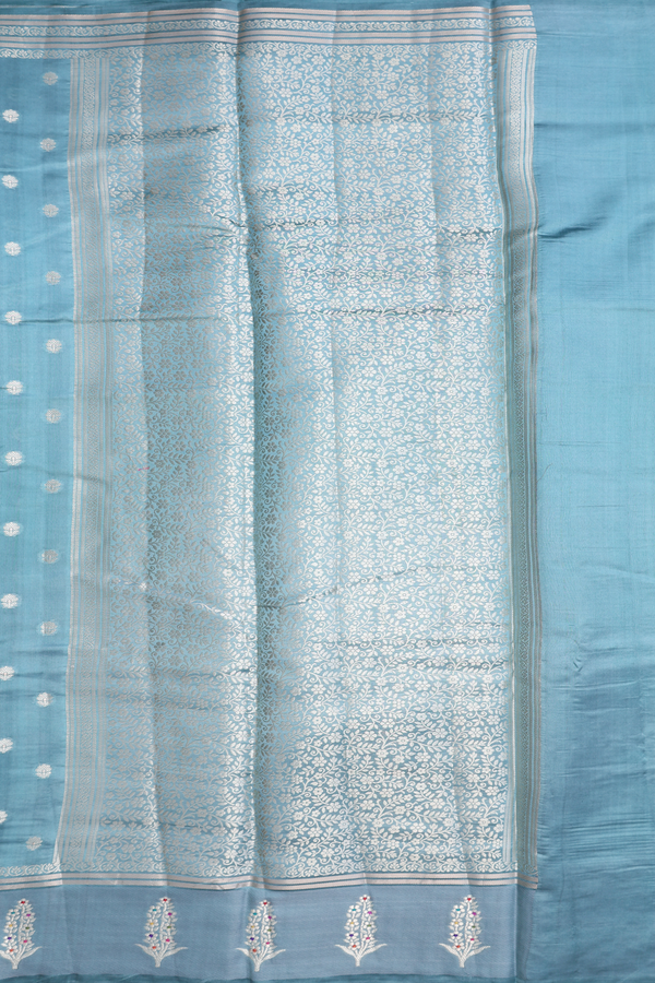 Raw Silk Saree In Turkish Blue With Floral Zari Buttas