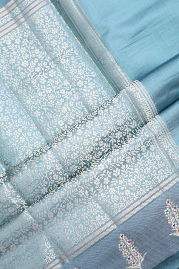 Raw Silk Saree In Turkish Blue With Floral Zari Buttas