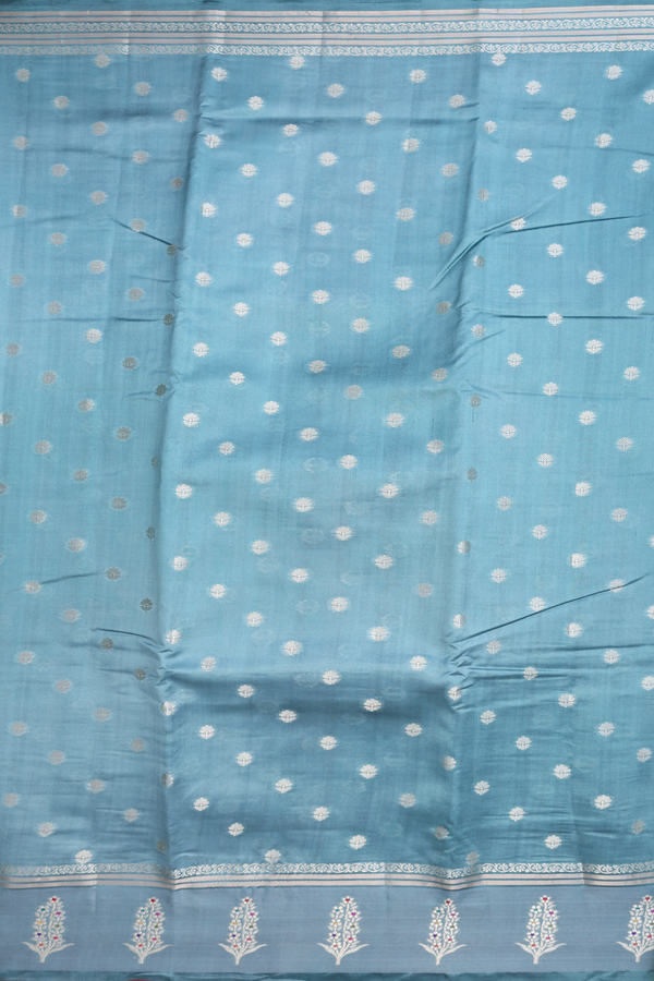 Raw Silk Saree In Turkish Blue With Floral Zari Buttas