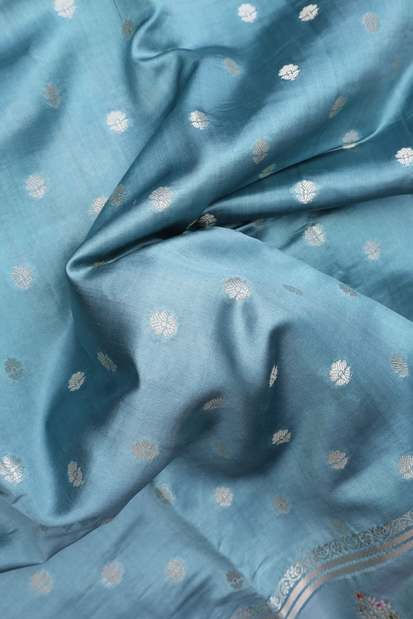 Raw Silk Saree In Turkish Blue With Floral Zari Buttas