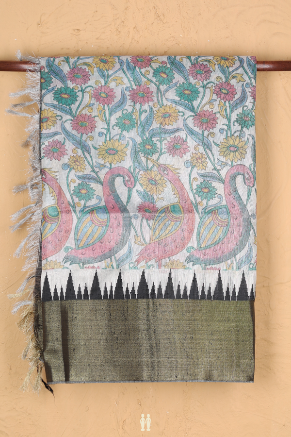 Raw Silk Saree In White With Floral Design