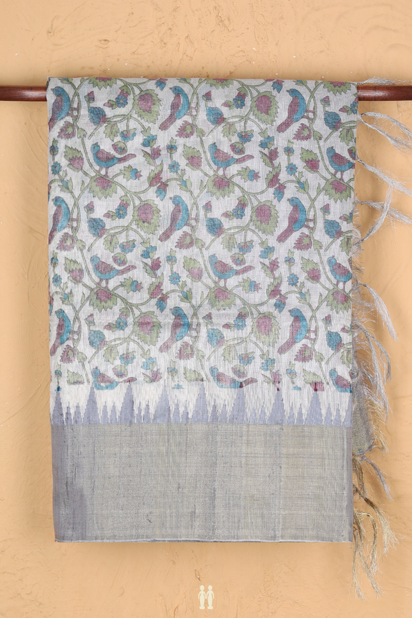 Raw Silk Saree In White With Floral Design