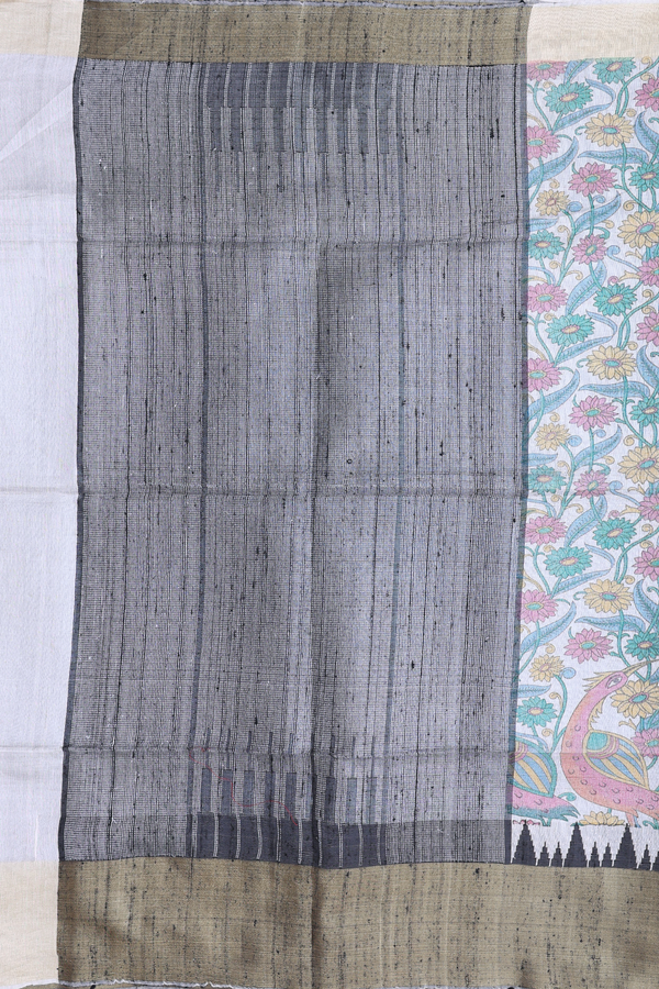 Raw Silk Saree In White With Floral Design