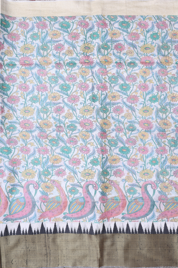 Raw Silk Saree In White With Floral Design