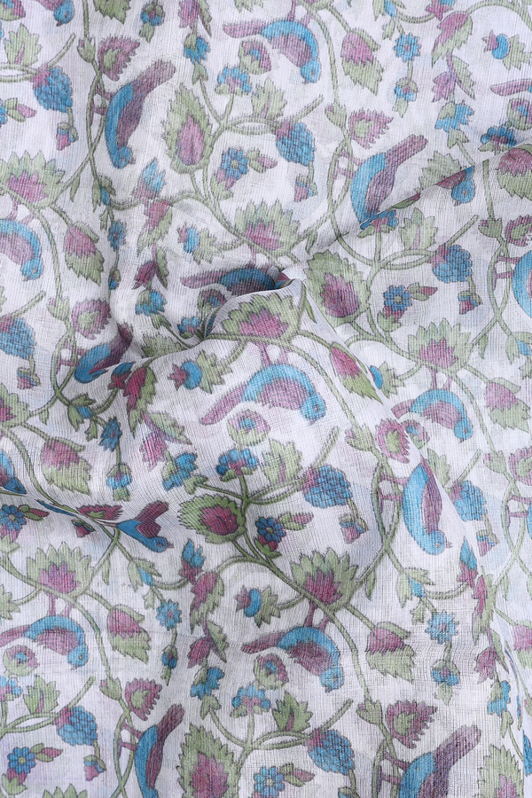 Raw Silk Saree In White With Floral Design
