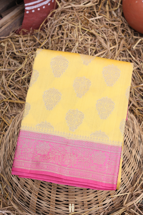 Raw Silk Saree In Yellow With Floral Motifs
