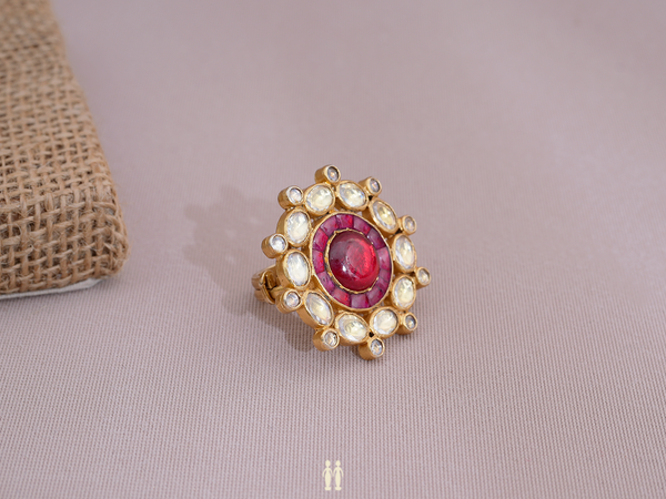 Red Stone Gold Plated Pure Silver Adjustable Ring