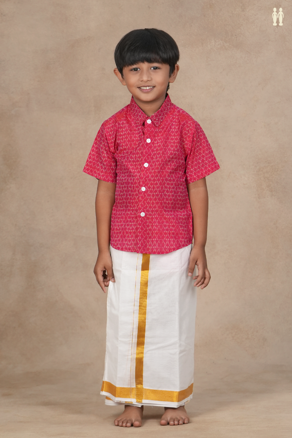 Regular Collar Allover Design Pink Pochampally Silk Shirt