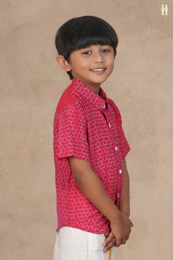 Regular Collar Allover Design Pink Pochampally Silk Shirt