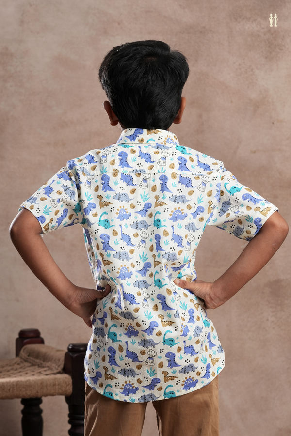 Regular Collar Animal Printed Design White Cotton Shirt