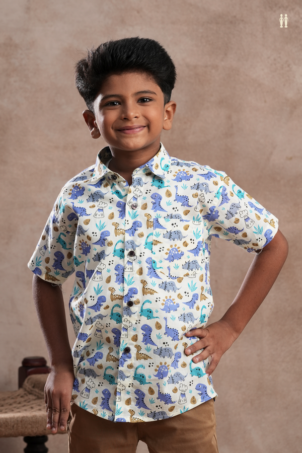 Regular Collar Animal Printed Design White Cotton Shirt