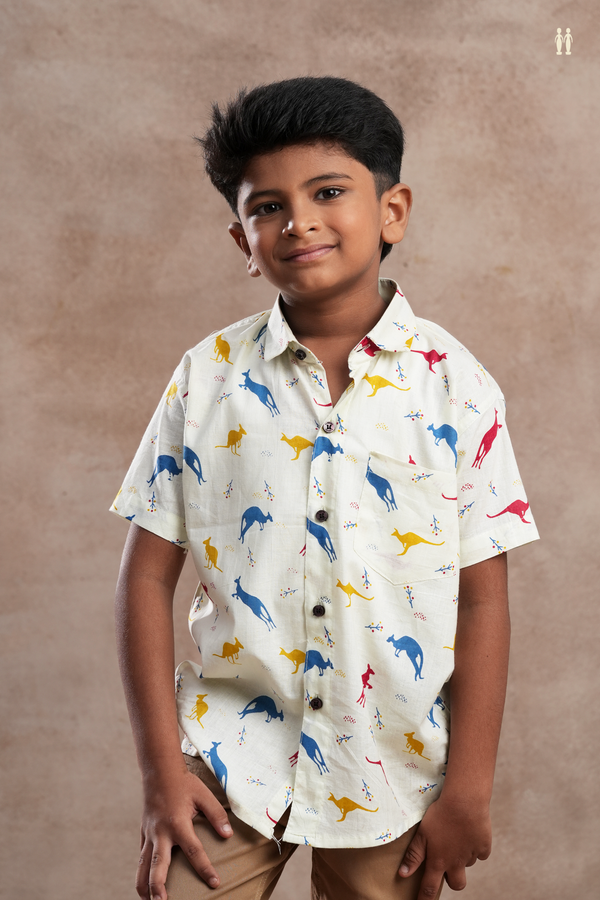 Regular Collar Animal Printed Design White Cotton Shirt