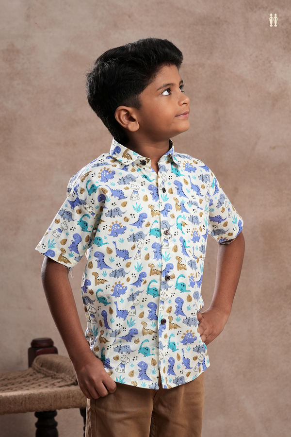 Regular Collar Animal Printed Design White Cotton Shirt