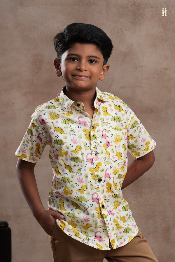 Regular Collar Animals Design Off White Cotton Shirt