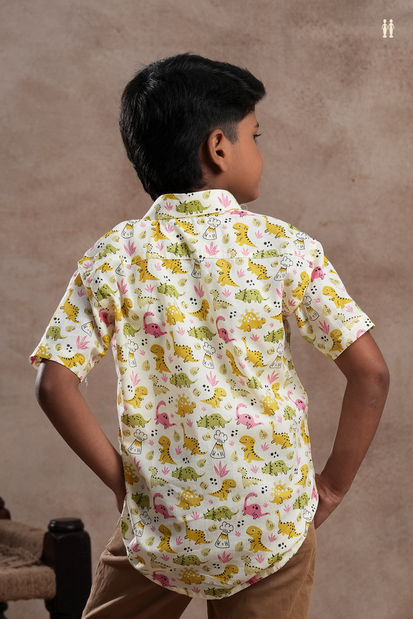 Regular Collar Animals Design Off White Cotton Shirt