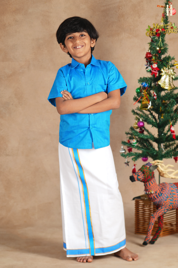 Regular Collar Blue Cotton Shirt With Velcro Dhoti Set