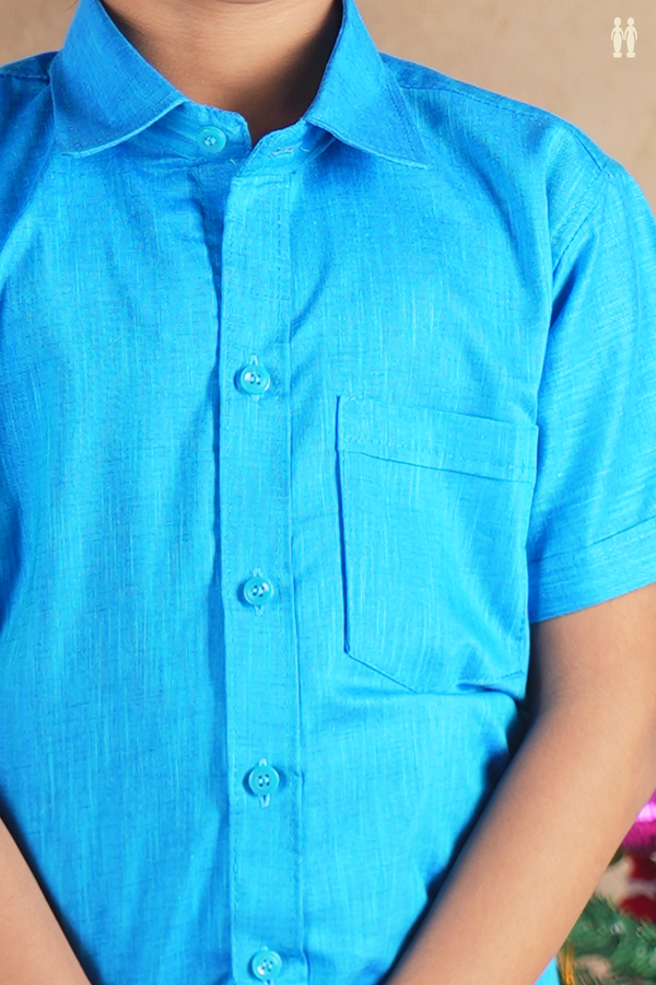 Regular Collar Blue Cotton Shirt With Velcro Dhoti Set