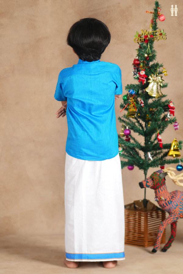 Regular Collar Blue Cotton Shirt With Velcro Dhoti Set