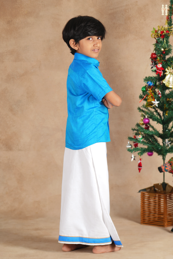 Regular Collar Blue Cotton Shirt With Velcro Dhoti Set