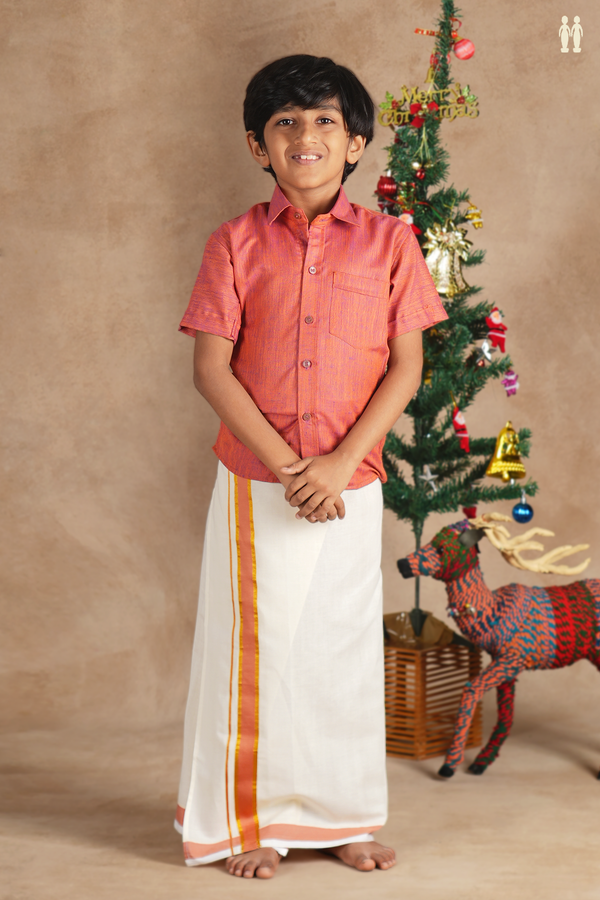 Regular Collar Brown Cotton Shirt With Velcro Dhoti Set