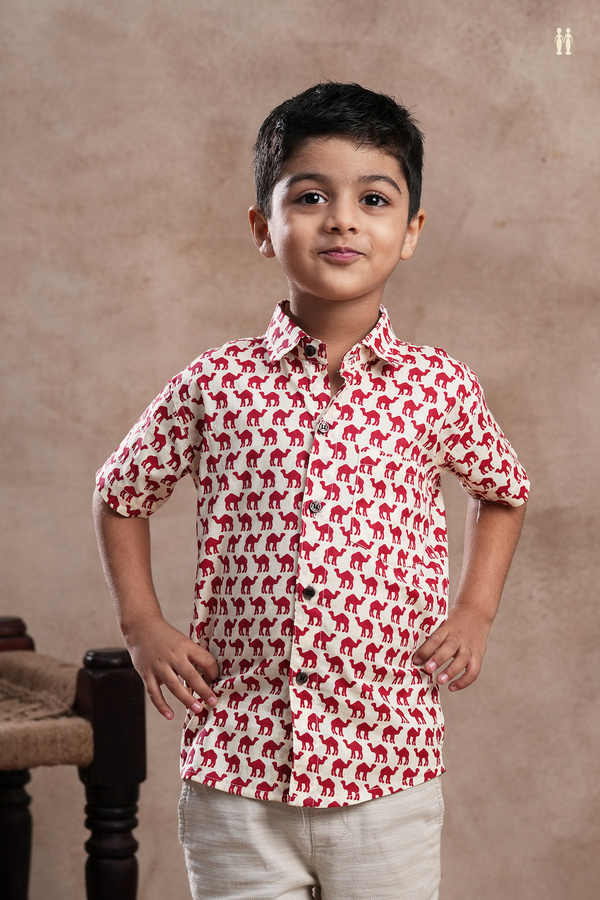 Regular Collar Camel Printed Off White Cotton Shirt
