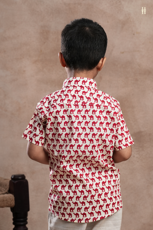 Regular Collar Camel Printed Off White Cotton Shirt