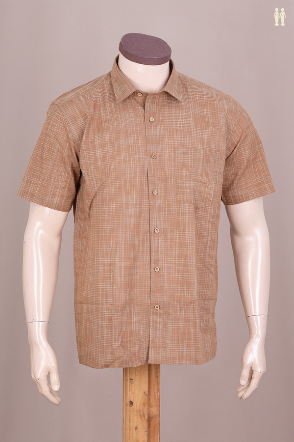 Regular Collar Checks Design Brown Cotton Shirt