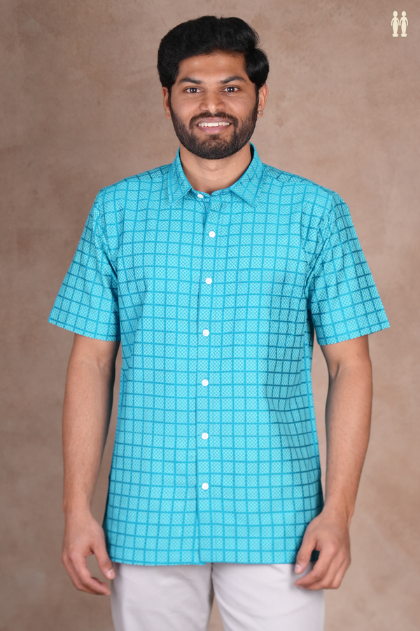 Regular Collar Checks Design Cerulean Blue Cotton Shirt