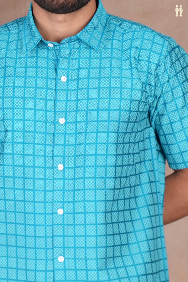 Regular Collar Checks Design Cerulean Blue Cotton Shirt