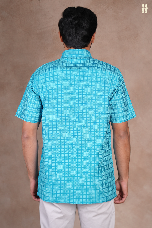 Regular Collar Checks Design Cerulean Blue Cotton Shirt